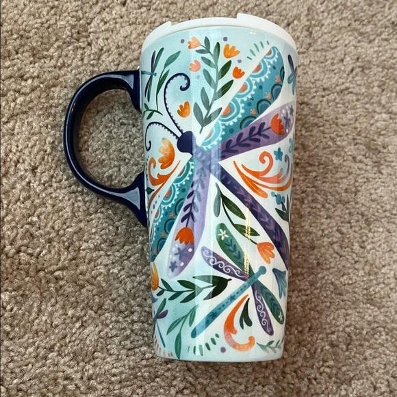 NWOT Evergreen Dragonfly Ceramic Mug with Lid - Picture 2 of 8